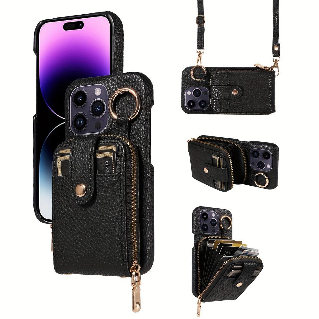 Anti-theft RFID Zipper Card Holder Phone Case Compatible with Apple 15 Pro Max, Crossbody Protective Cover, Fingerprint-resistant