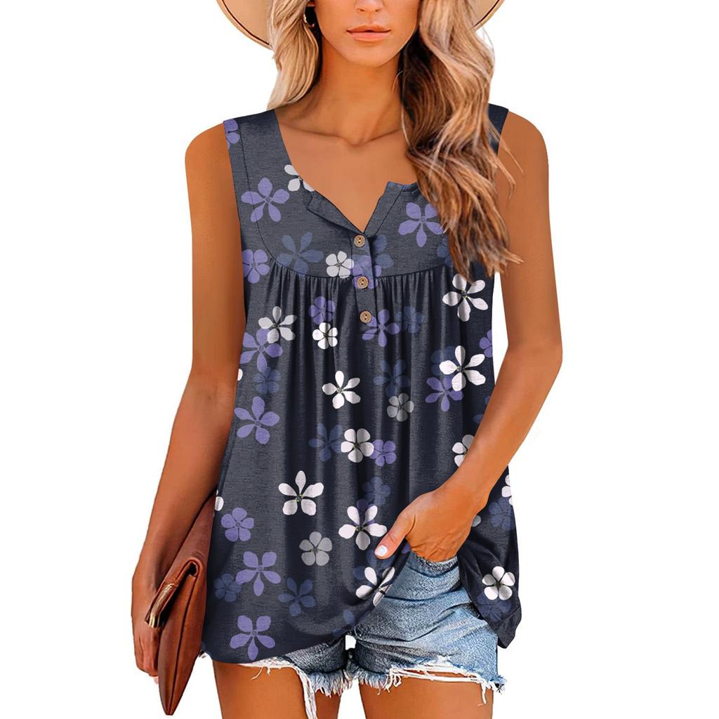 Women's Fashion Floral Printing Pleated Sleeveless Casual T-shirt Vest Button Top
