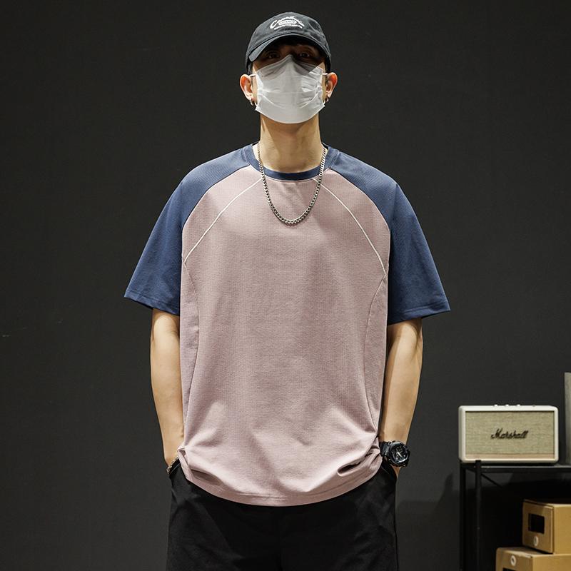 Men's Short-sleeved T-shirt Sun Protection Disan Shu Elastic Small Square Fabric Men's Round Neck Splicing Color-inserted Short-sleeved T-shirt