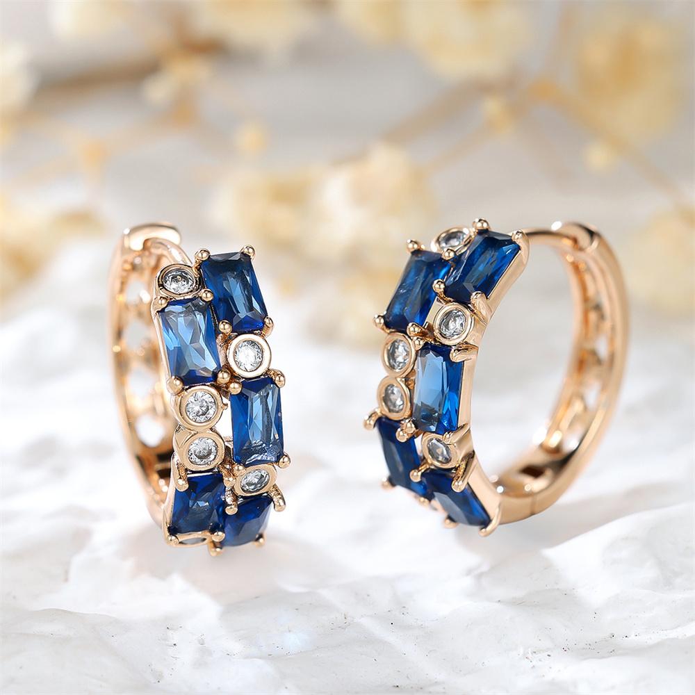 Прямоугольные серьги-кольца со синим кристаллом циркония для женщин, винтажные, золотистого цвета, серьги-клипсы, свадебные, вечерние украшения, универсальные подарки
