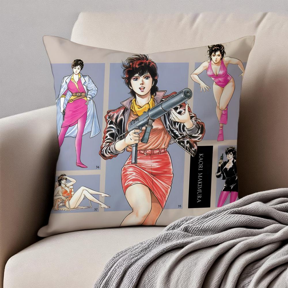 Japanese Manga CCity Hunter Cushion Cover Pillowcase Antidustmite Invisible Zipper Short Plush Sofa Cushion