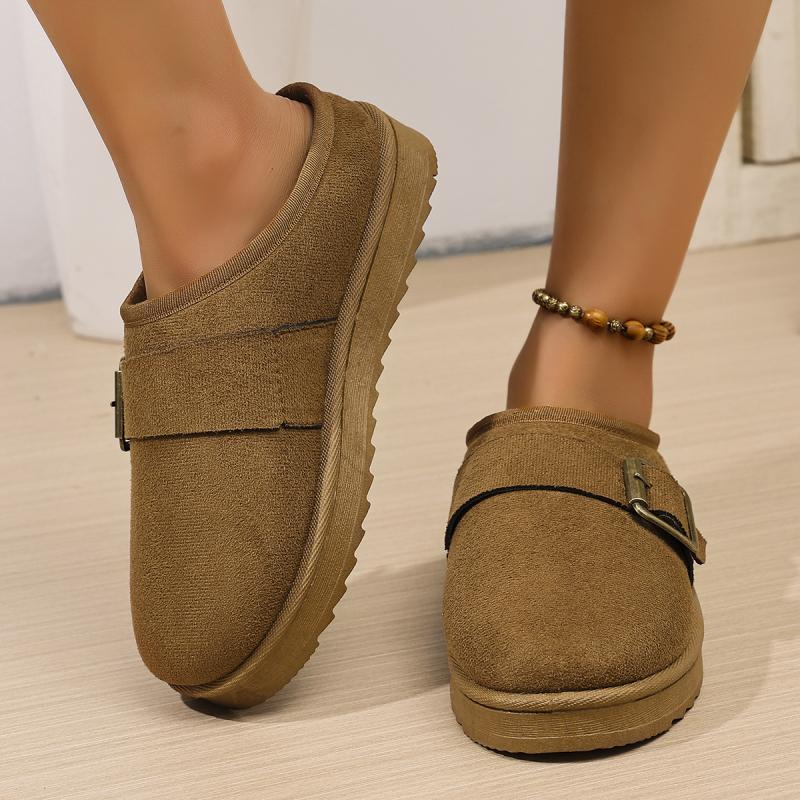 Fashion Fashion Metal Buckle Close Toe Cotton Outdoor Slippers Women 2025 Short Plush Thick Bottom Snow Boots Warm Winter Shoes Women