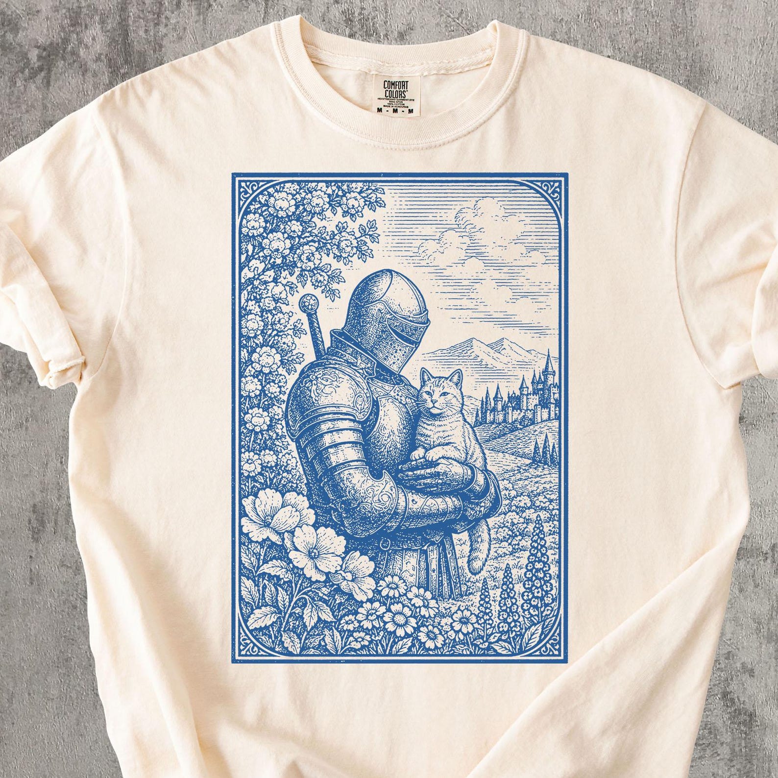 Medieval Knight CaT shirt, Fantasy Cat Lover Tee, Vintage Knight Graphic Shirt, Cottagecore Cat Tee, Comfort Colors Fantasy T shirt L