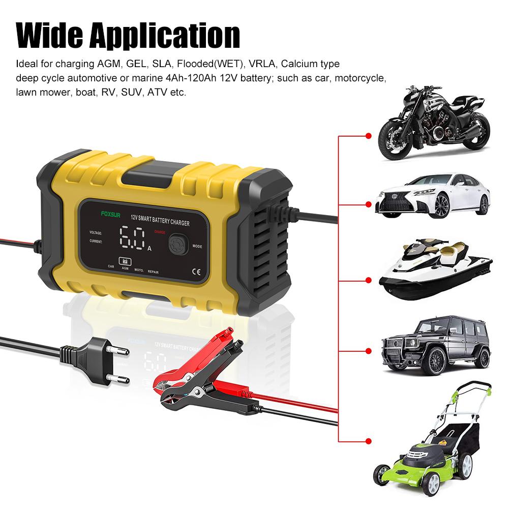 EU/US Fully Automatic Battery Charger 12V/6A Pulse Repair Maintenance LCD Display Smart Car Battery Charger For Gel Lead Acid