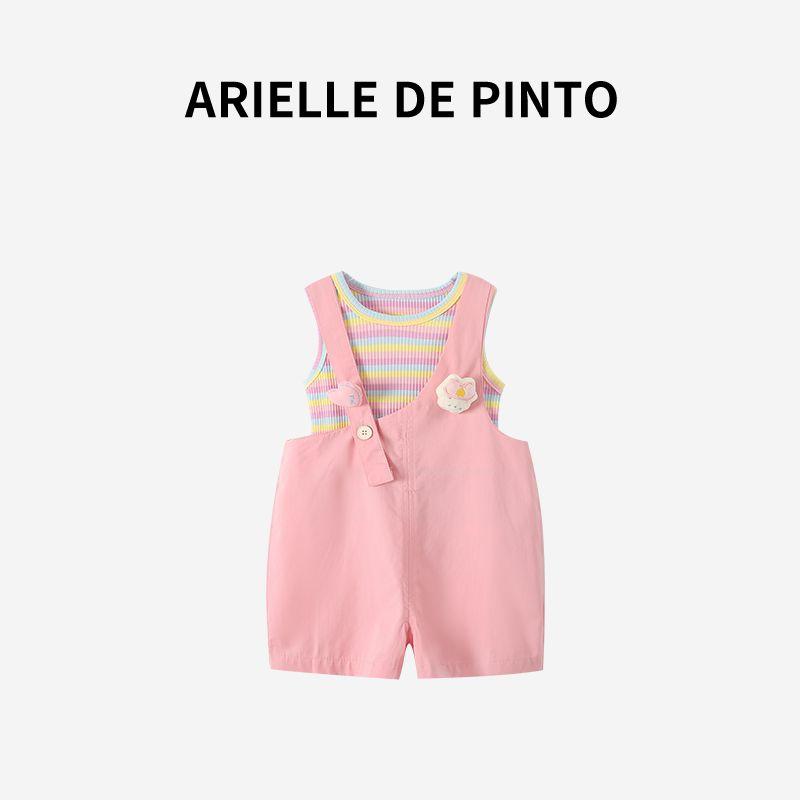 French Arielle De Pinto Girls  Doll Striped Overalls Set Sweet and Cute Summer Outfit for Girls Pink 140
