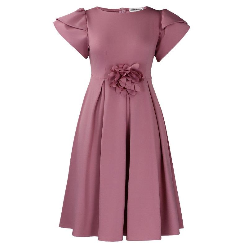 Women Elegant Flower Decoration Solid Color High Waist Short Sleeve Round Neck A Line Midi Dress