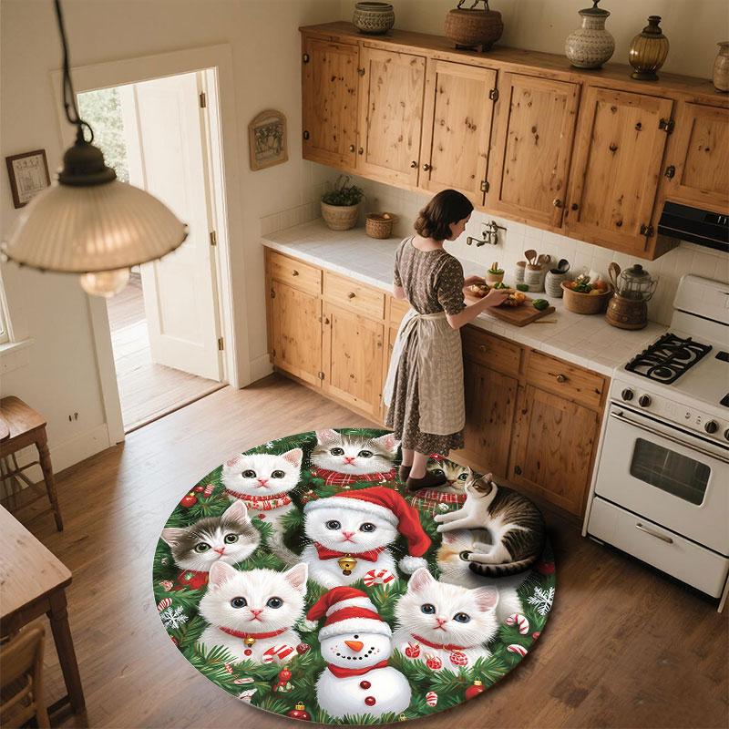 Christmas Kitten Pattern Round rug,Carpet Rug for Living Room Bedroom Playroom ,Non-slip Floor Mat,Holiday Gifts and Birthday Gifts.