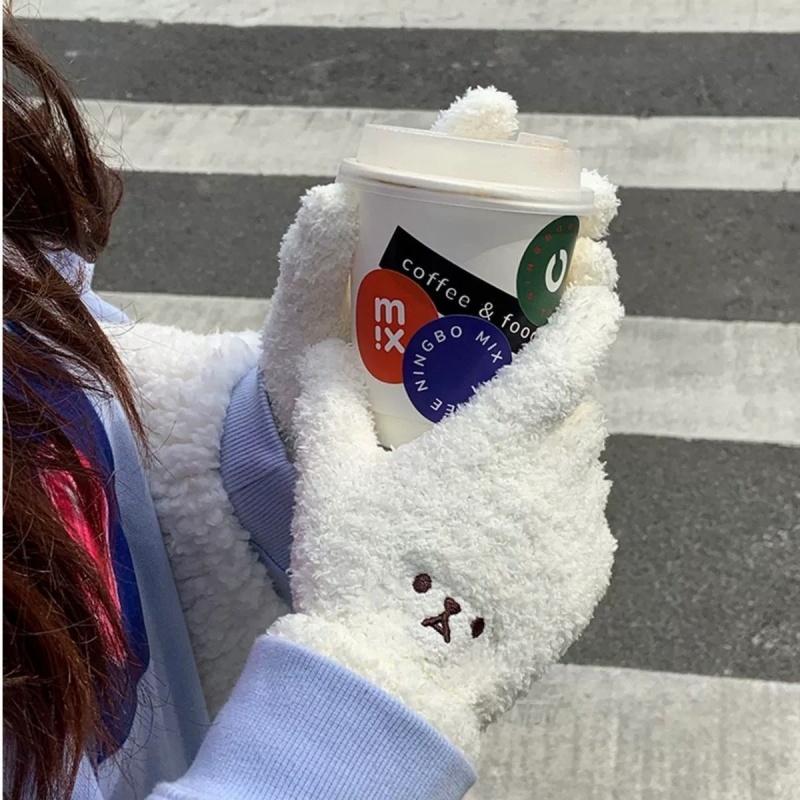 Cute Cartoon Bear Embroidered Thickened Warm Women's Winter Knit Plush Gloves, Cycling Gloves, Outdoor Warm Gloves