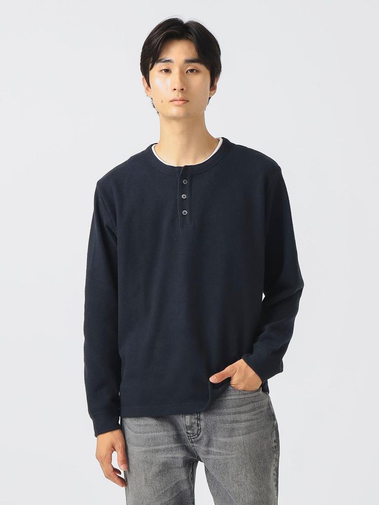 Beams Heart Men's Sakariba Faux Layered Henley Neck Long Sleeve T-Shirt, Navy, Size XL