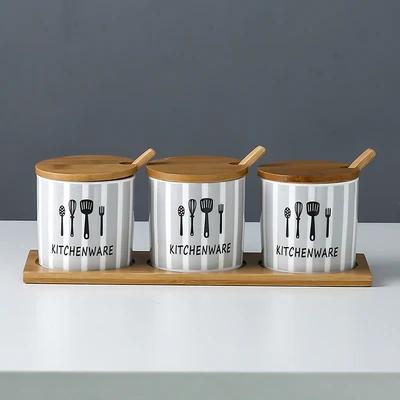 Kitchen seasoning tools ceramic seasoning jar set marble pattern cruet bamboo tray kitchen supplies seasoning box salt shaker