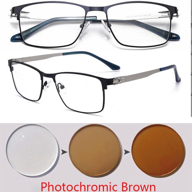 

Солнцезащитные фотохромные очки с квадратной оправой без винтов, полностью металлические, мужские, для коррекции зрения от 0 -0.5 -0.75 -1.0 до -6.0 Myopia -6.0