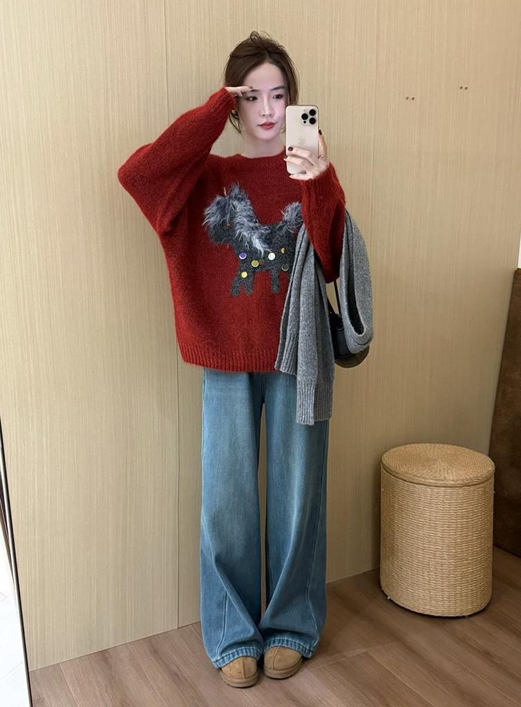Women's Red Round Neck Pony Hair Sweater with Sequined Inner Layer - 2025 New Year Style Winter Knitwear.
