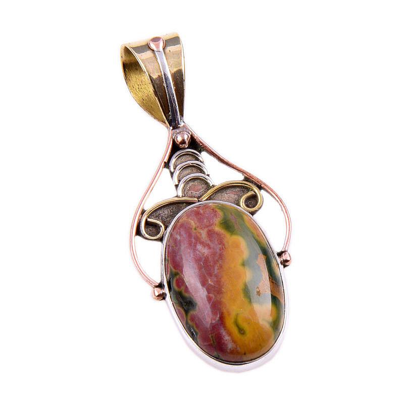 Natural Ocean Jasper 925 Solid Sterling Silver Jewelry TwoTone Pendant 1.5" Q4Y81