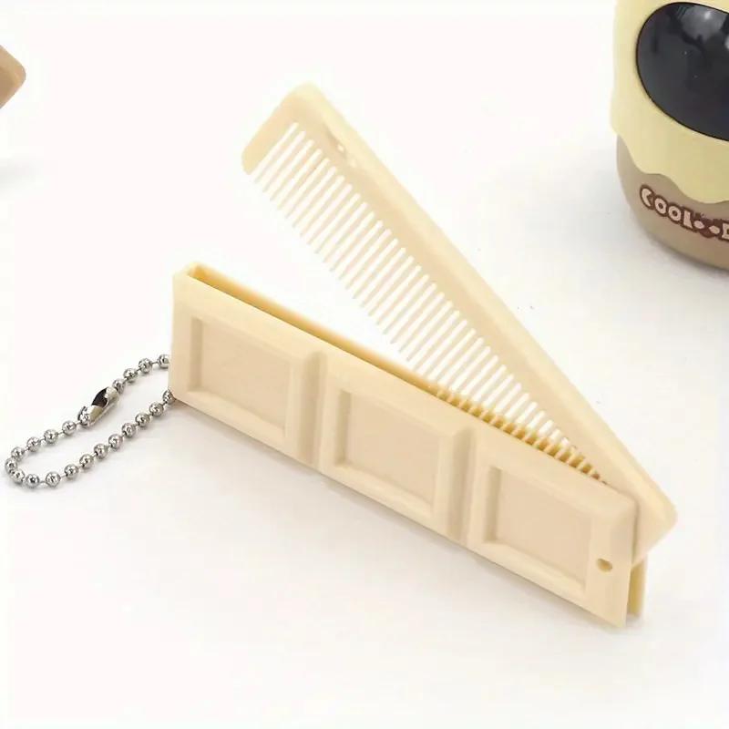 

2 in 1 Folding Chocolate-Shaped Folding Comb with Mirror Portable Massage Comb Brush for Salon Travel Hair Smooth Styling Tools бежевый