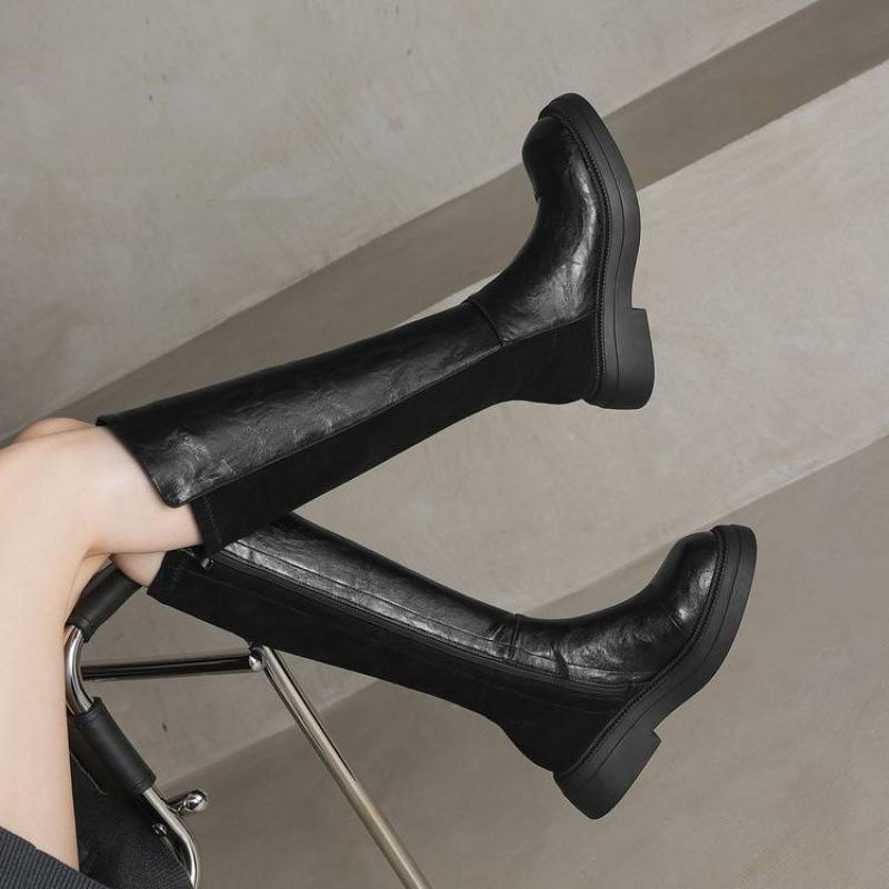 Herbst- und Winterstiefel mit dicker Sohle, seitlichem Reißverschluss, rutschfest, Martin-Stiefel für Damen, koreanische Version, runde Spitze, Blockabsatz, einfarbig, neue Gummisohlen-Overknee-Stiefel