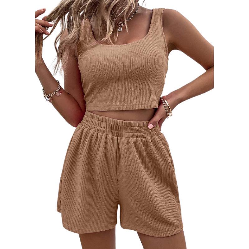 2025 Summer Women's Knitted Sleeveless Casual Solid Color Set