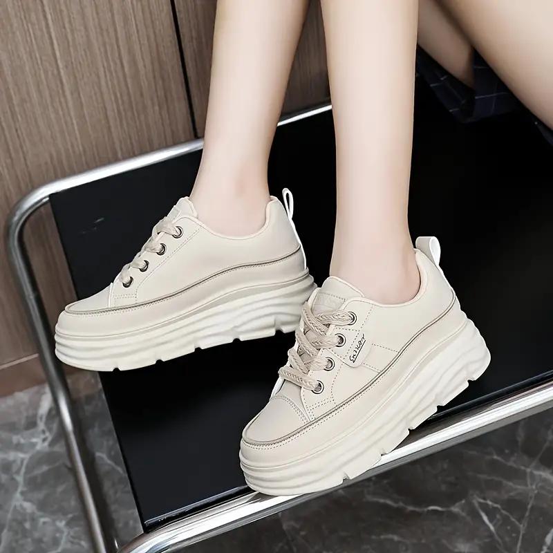 Women's Solid Color Sneakers, Casual Lace Up Outdoor Shoes, Comfortable Inner Heightening Shoes