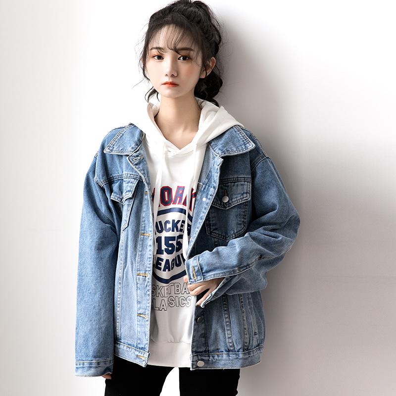 Women's Retro Blue Denim Jacket – Loose Korean Style, Plus Size, Trendy BF Style for Spring & Autumn