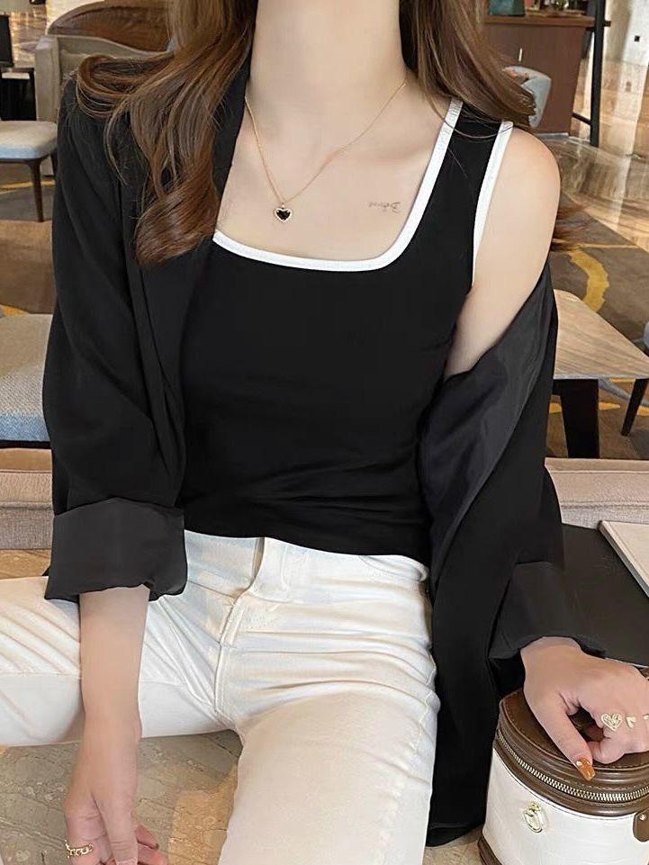 Women's Spicy Girl Square Neck, Wide-Strap Contrast Vest with Fixed Pads, Conceals Underarm Fat, Versatile Casual Top