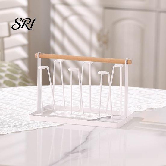 Nordic Style Cup Holder Iron Drying Rack with Wood Handle & Drip Tray Baby Bottle Plastic Dryer Space-Saving Countertop Organizer for Mugs Glasses
