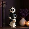 Dark Healing Halloween Figure Grim Reaper & Ghostly Puppy Resin Figurine, Black Robed Skeleton with Cute Unique Spooky Desk Decoration