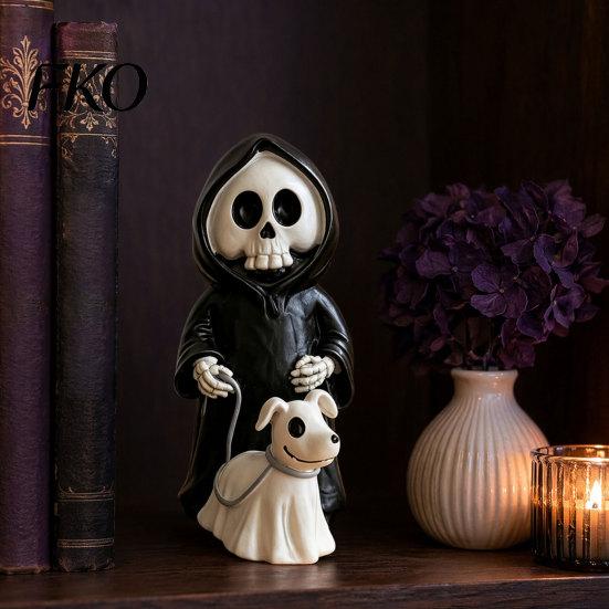 Dark Healing Halloween Figure Grim Reaper & Ghostly Puppy Resin Figurine, Black Robed Skeleton with Cute Unique Spooky Desk Decoration