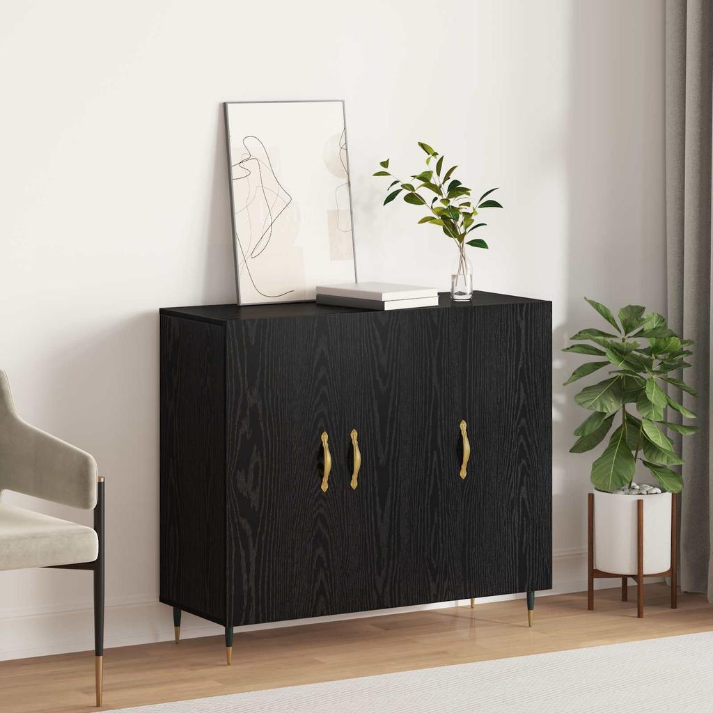 Sideboard In Black Oak Look 90 X 34 X 80 Cm Engineered Wood