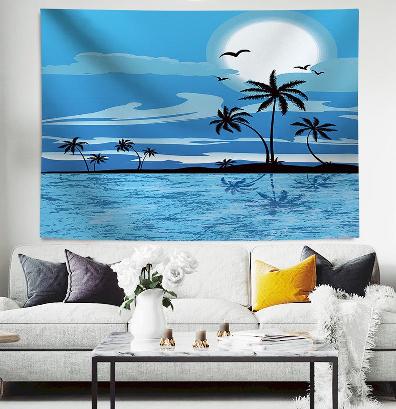 Seaside Coconut Tree LandscapeTapestry 3D Forest Waterfall Landscape Wall Hanging Home Background Cloth Decor Garden Poster for Outside