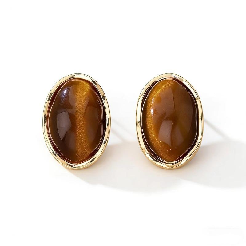 Gold Plated Wavy Bezel Oval Tiger Eye Matching Necklace & Stud Earrings Jewelry Set