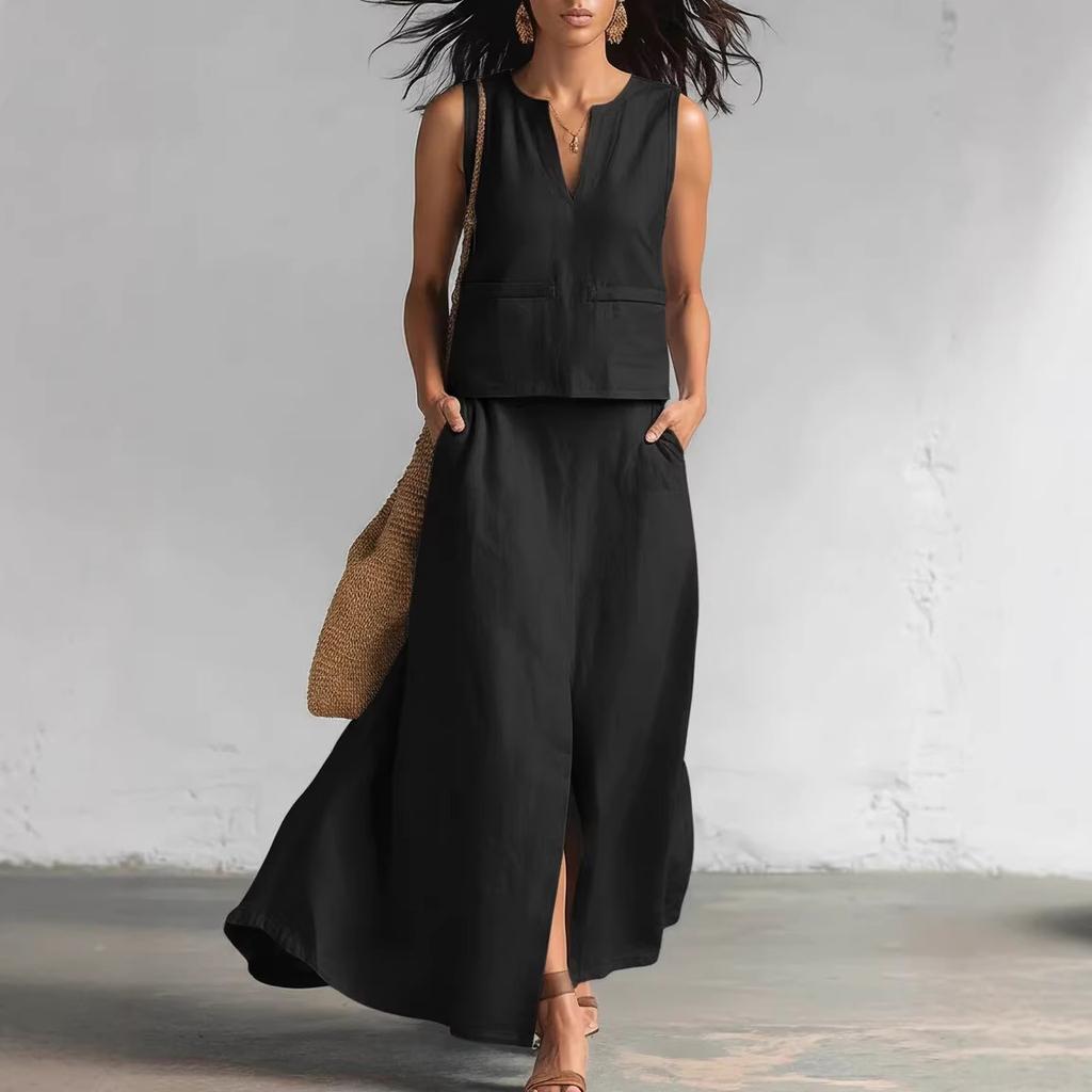 Women's Relaxed Fit Skirt Suit Sleeveless V Neck Tank Top Mid Waist Split Maxi Skirt Linen Blend Matching Two Piece Outfit
