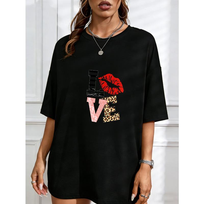 

Love Graphic Print White T Shirt With Lip And Leopard Pattern For Casual Wear XXXXL чорний