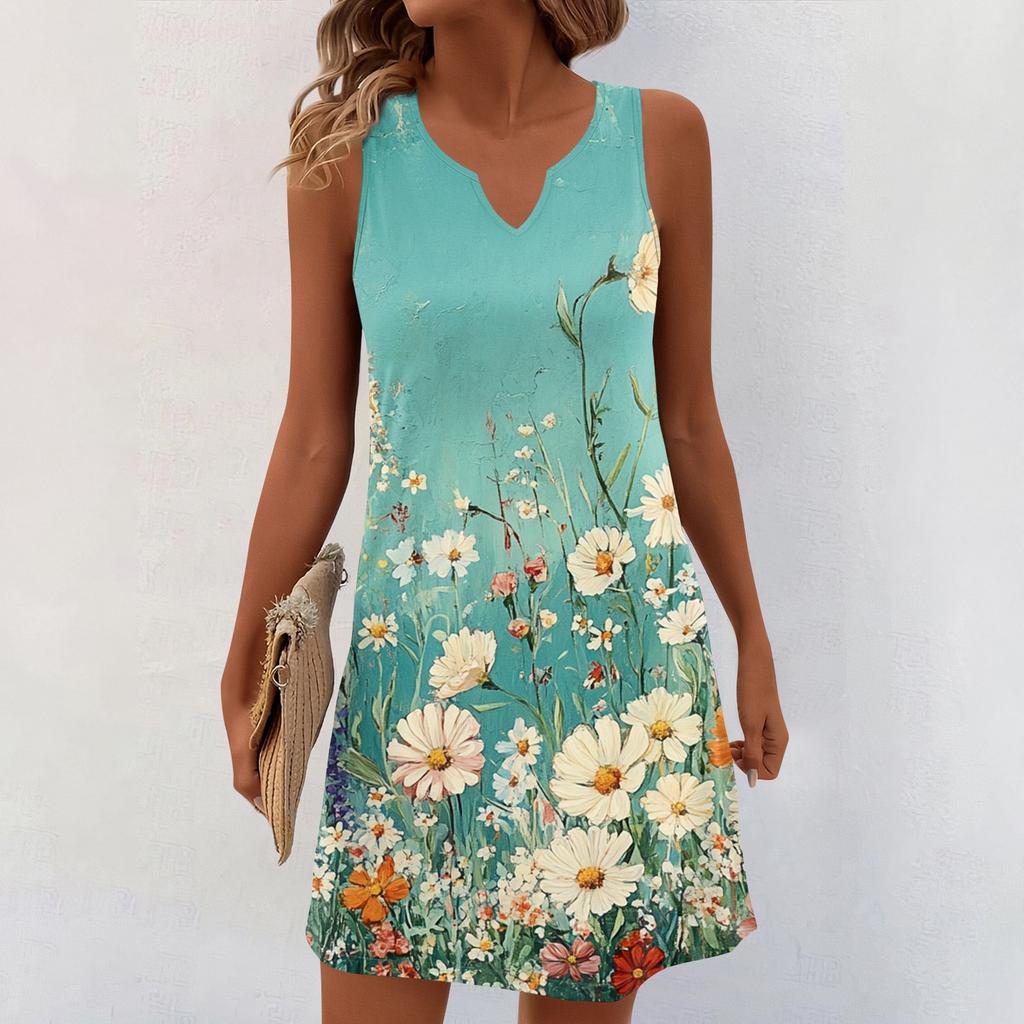 Women Summer Dresses V-Neck Print Sleeveless Sundress Casual Dress