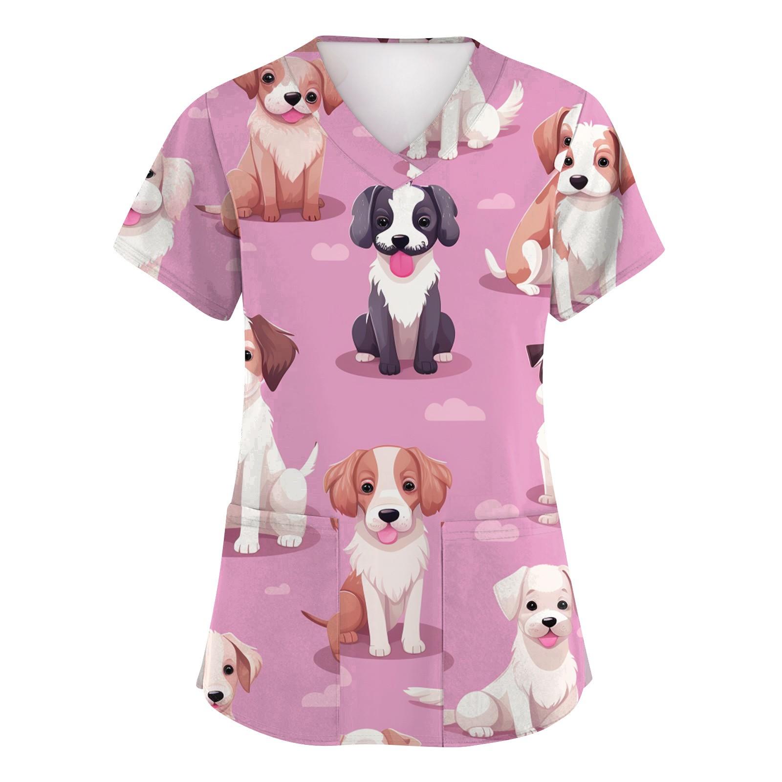 

Women s Fashion Short Sleeve Cute Animal Printed V-Neck Pocket Workwear Tops XL рожевий