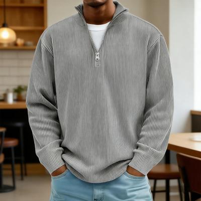 Men Quarter Zip Sweatshirt Long Sleeve Stand Collar Top Solid Color Ribbed Casual Loose Pullover Shirt for Office Gym Street Wear