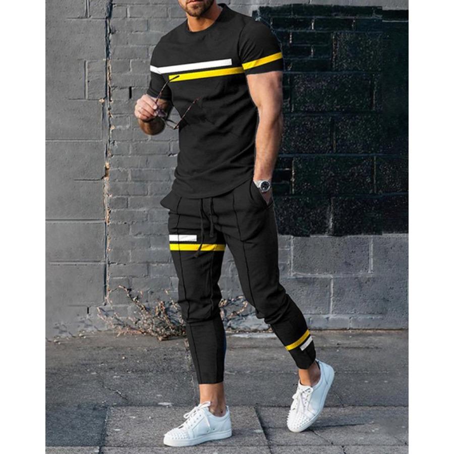 Fashion Men Trousers Tracksuit Stripe Printed Jogger Sportswear Short Sleeve T Shirt +Long Sweatpants 2 Piece Sets Men Clothes
