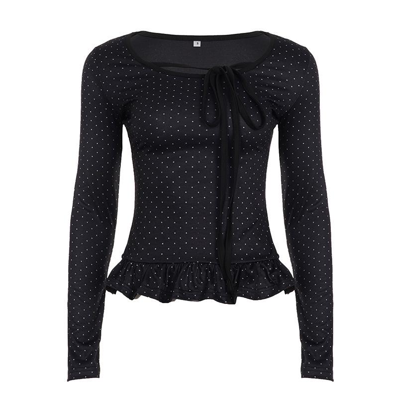 2025 Spring French Style Polka Dot Ruffle Trim Tie-Up Slim Fit Top for Women