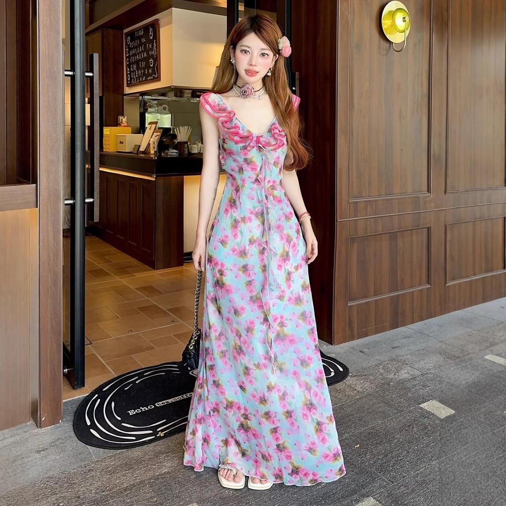 Women's Mint Rose Floral Print V-Neck Backless Fishtail Dress with Slim Waist