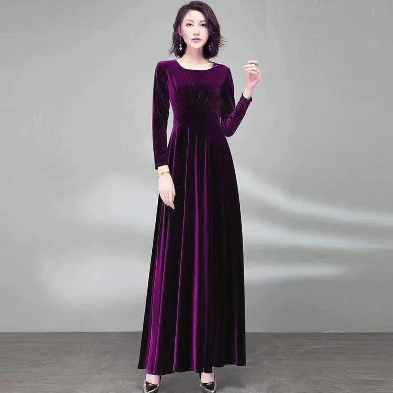 Noblewoman Autumn Golden Velvet Cinched Waist Long-Sleeved Dress with Large Hem