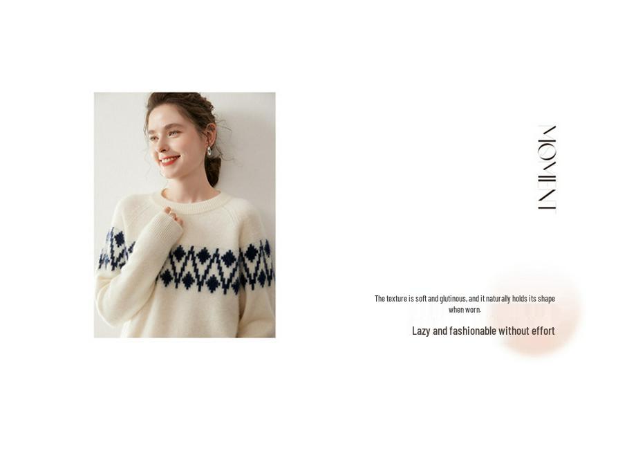 Women's Cashmere Round Neck Jacquard Sweater - Thick, Stylish, and Soft for Autumn/Winter