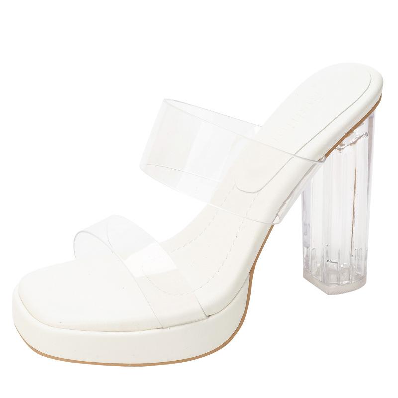 

Мягкая подошва для наступания на дерьмо~ Водонепроницаемые прозрачные туфли на высоком каблуке, женские летние новые хрустальные толстые каблуки, уличная обувь, крутые шлепанцы 40