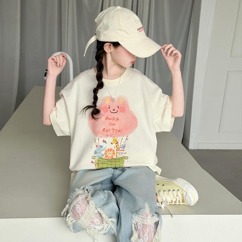 

Мультяшная футболка для девочек в корейском стиле - Лето 2025, чистый хлопок, короткий рукав 150 cm