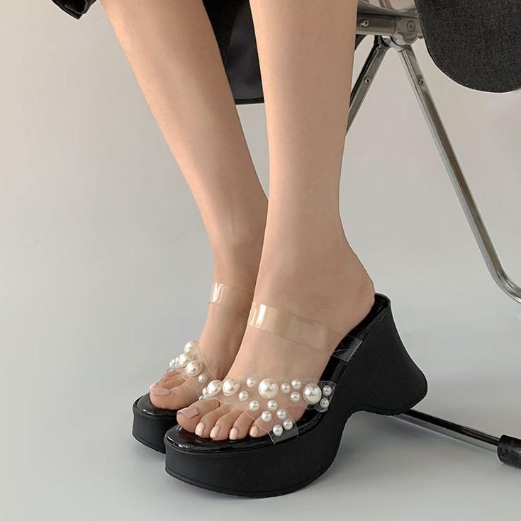 Black High-end Thick-bottomed Wedge One-word Slippers for Women's Summer Wear 2025 New Models with Skirts To Increase the Height of French Sandals
