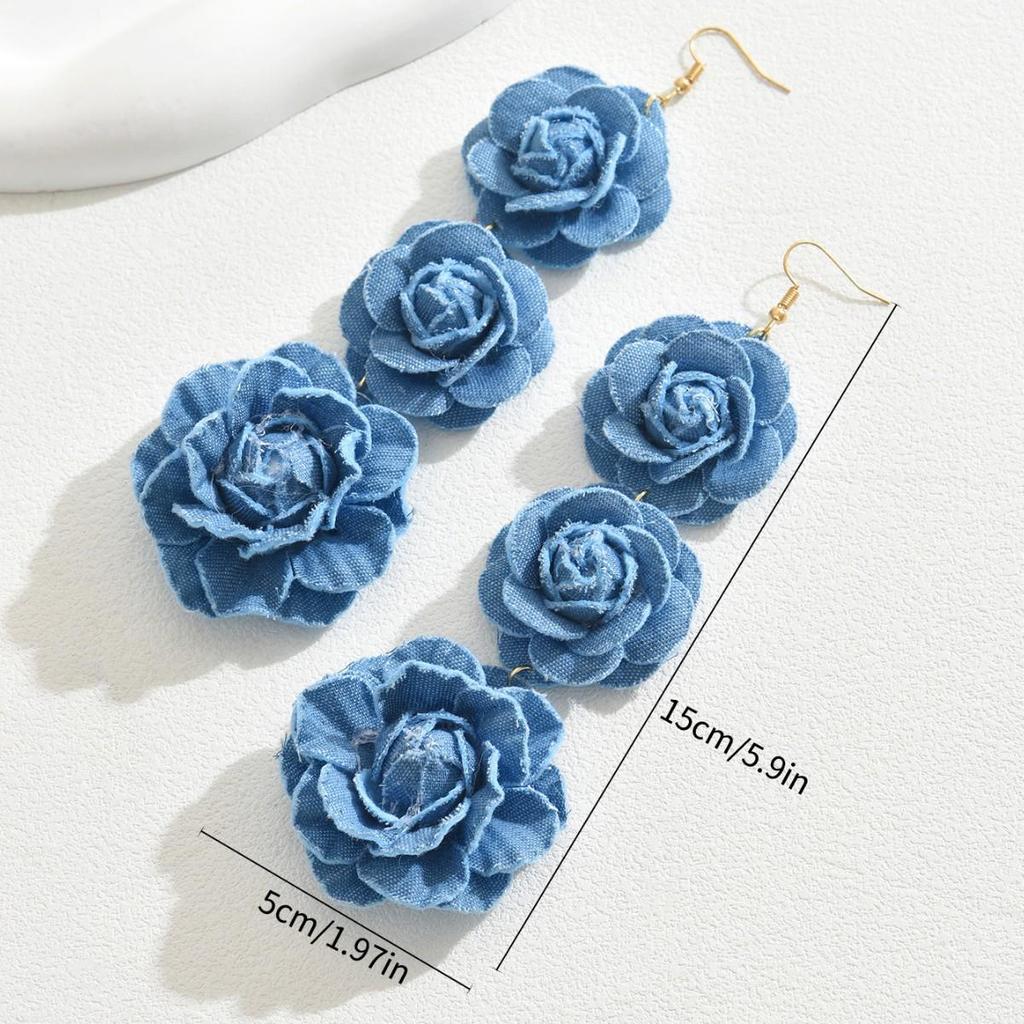 European & American Handmade Denim Rose Tassel Earrings - Fashionable Long Dangle Design