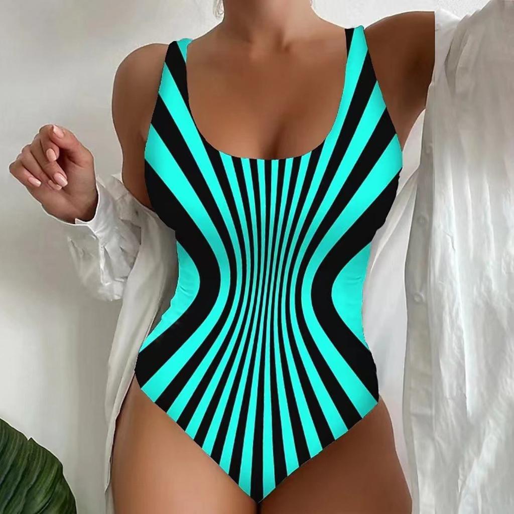 Women's One-piece Neck Hanging One-piece Swimsuit, Irregular Stripe Design, High Waisted Swimsuit, Soft Fabric, for Beaches and Swimming Pools