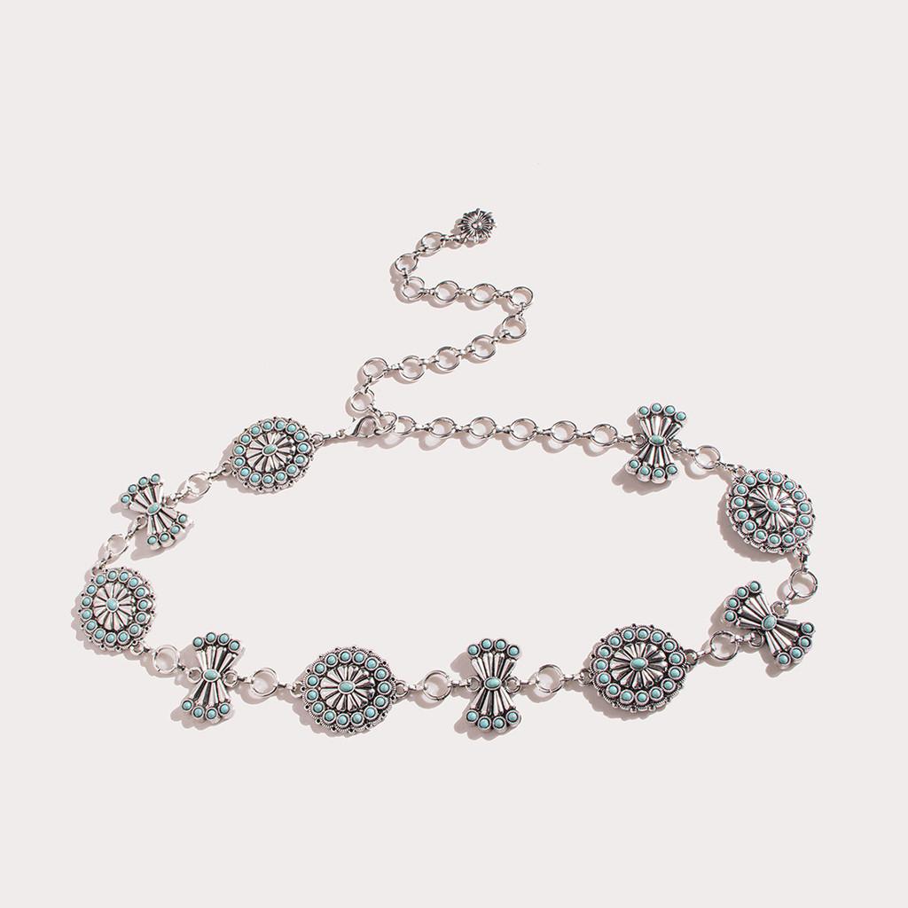 Classic Geometric Turquoise Metal Waist Chain Accessory With Design Carving