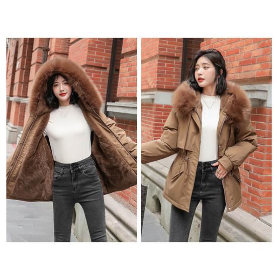 Women Padded Jacket Thickened Plush Lined Coat with Drawstring Waist Winter Warm Puffer