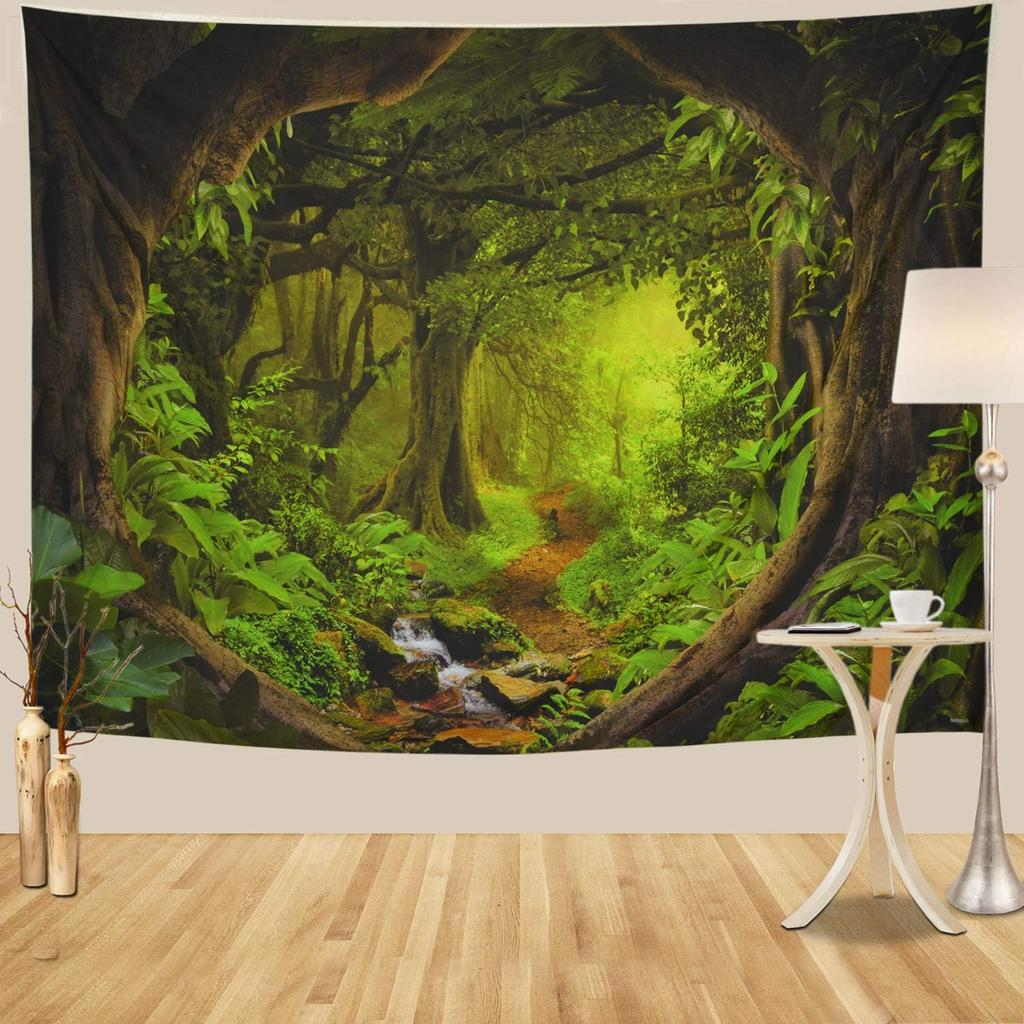 Tushelia Forest Tapestry Psychedelic Tree Cave Tapestries Fantasy Nature Landscape Backdrop Tapestries Stream Through Rainforest Jungle Tapestry Wall