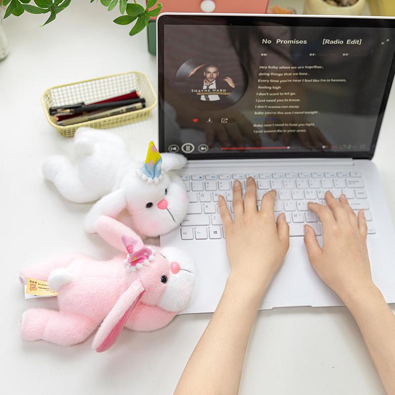 Birthday Hat Cute Prone Posture Rabbit Plush Doll Toy For Desktop Decoration