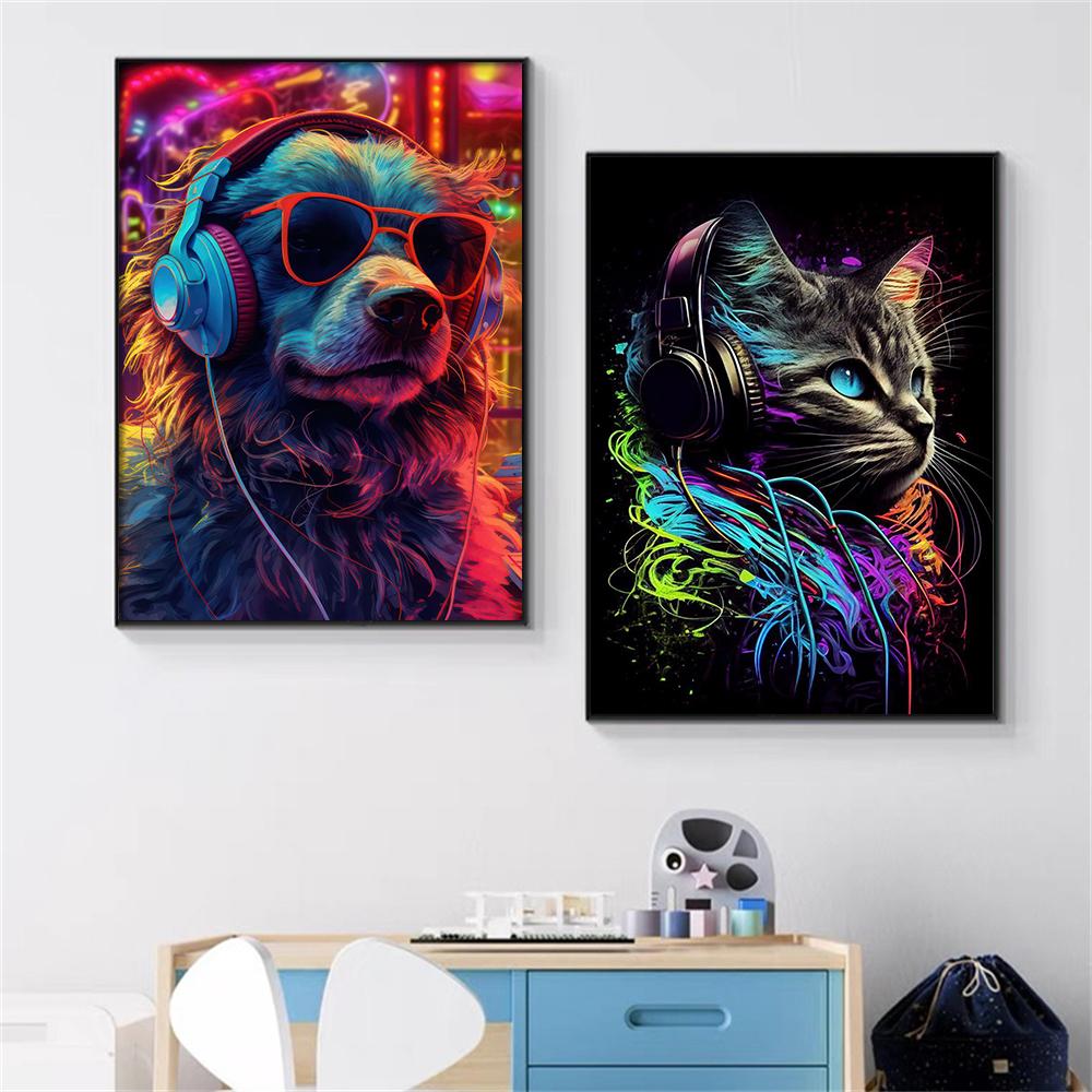 Monkey Cat Dog Headphone Poster Living Bed Room Home Bar Decor Canvas Painting Fashion Dj Music Animal Wall Art Picture Prints