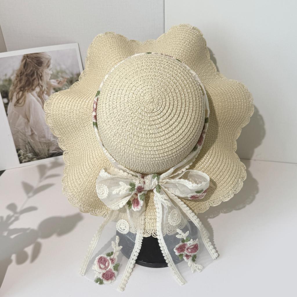 Summer new embroidered bow big brim straw hat women's seaside cover full face sunshade sunscreen hat straw sun hat